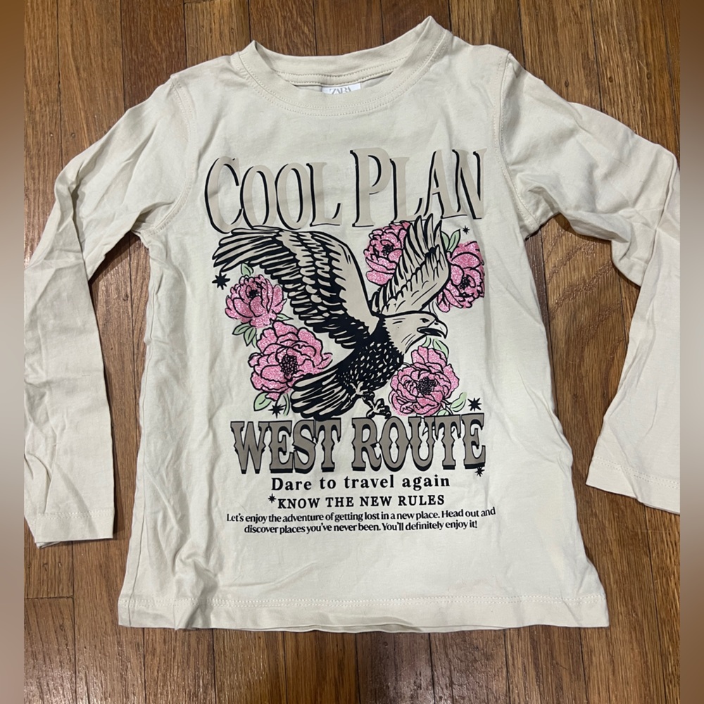 Zara Cream Long Sleeve Tee with Pink Floral Glitter Graphic